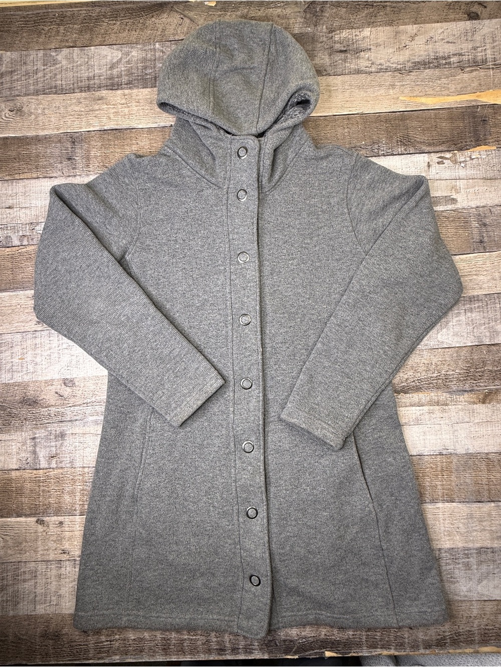 Kuhl Long Fleece Sweater Jacket Women's Gray Hooded Snap Button-Front Coat